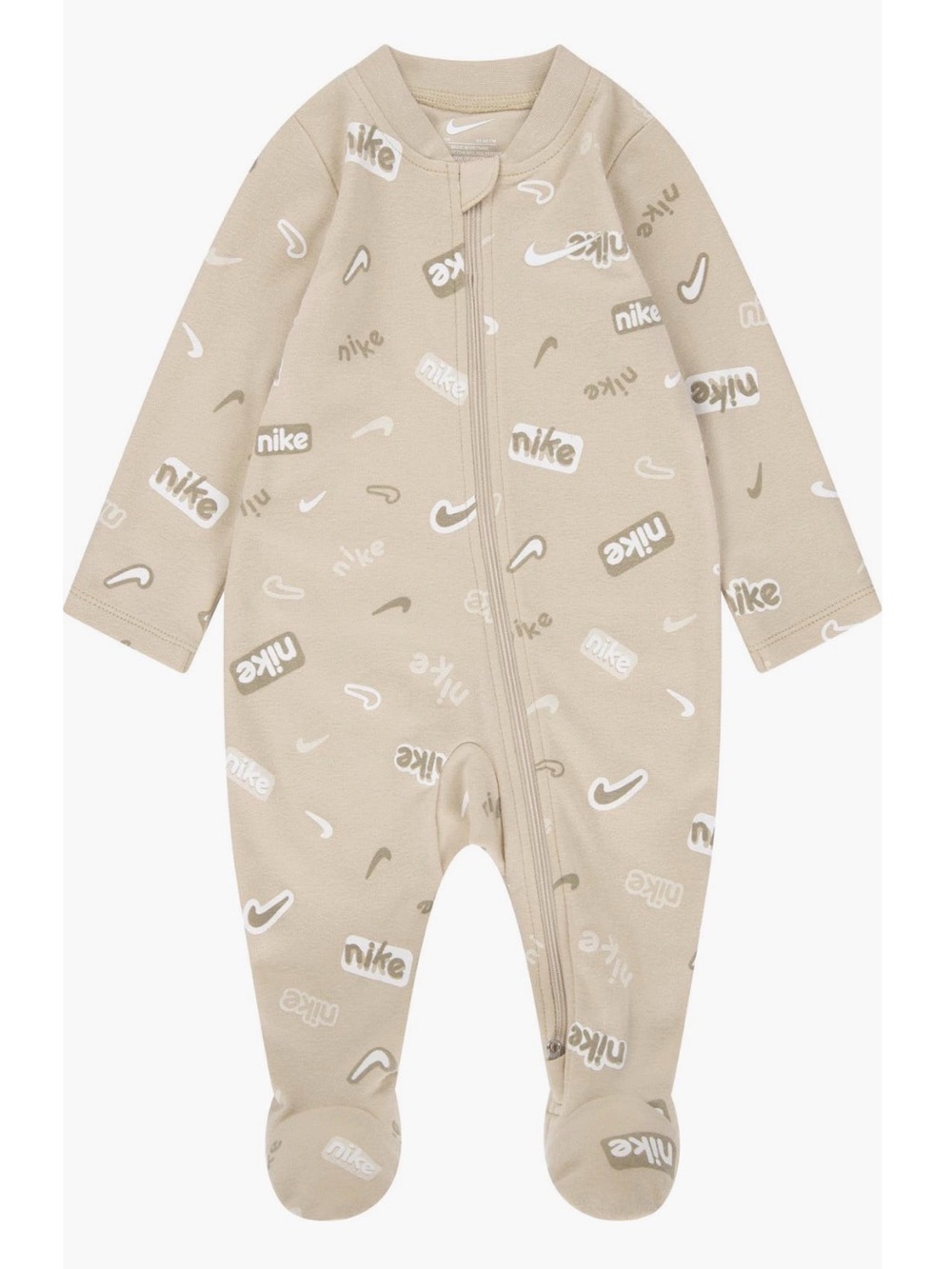 NIKE- Baby Beige Zip-Up Footies With All Over Logo (Size 6 months)
